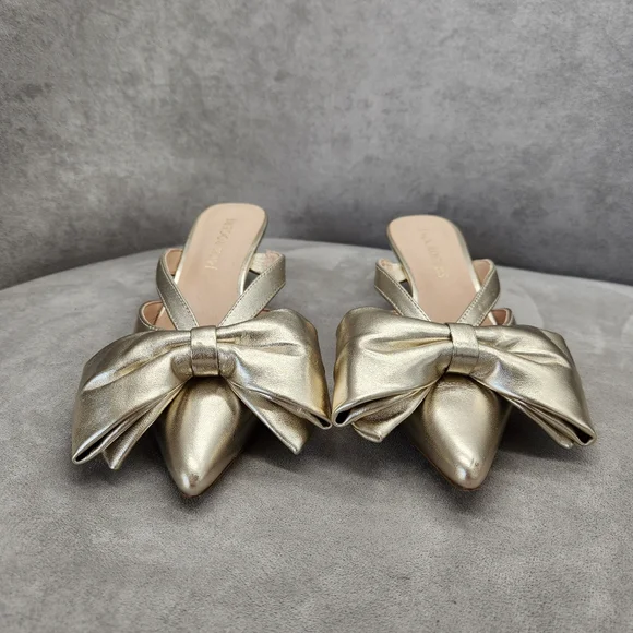 Jack Rogers Dress Mule 9 Gold Champagne Leather Cynthia Bow Kitten Heel Metallic - Picture 9 of 16